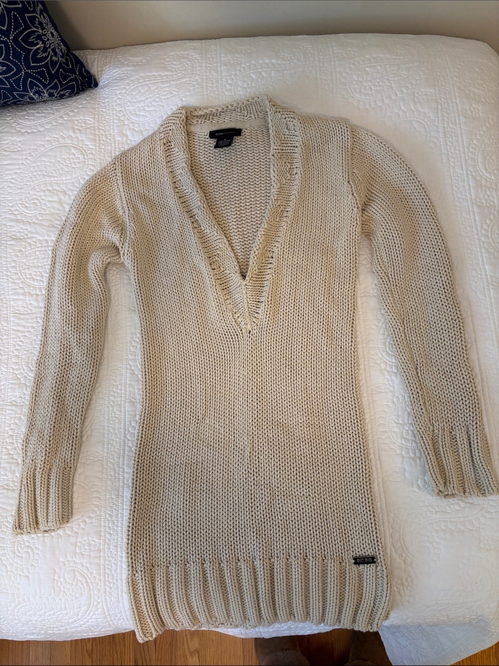 BCBG  Cream Deep V-Neck Open-Knit Sweater